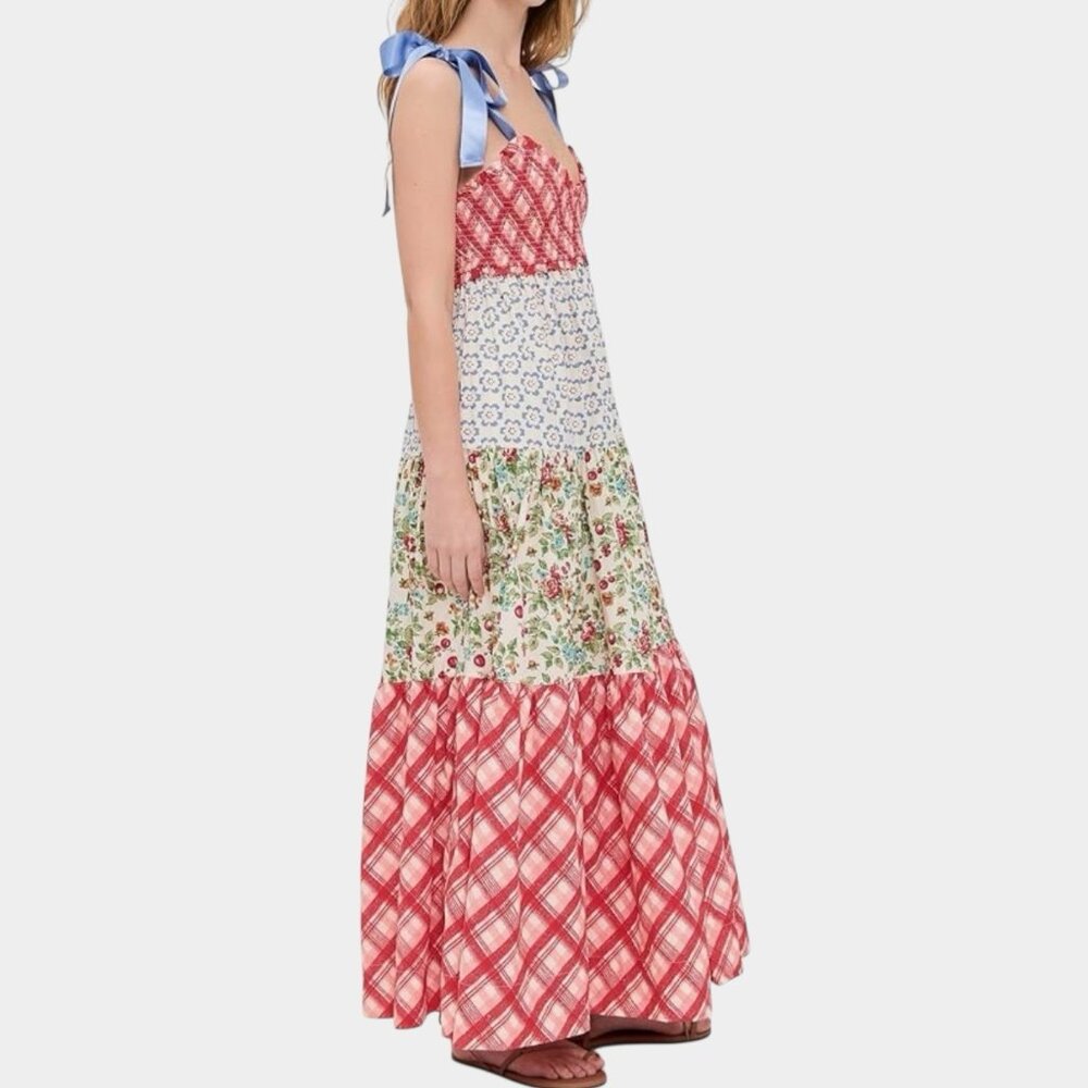 Women Bohemian Bluebell Maxi Dress Size L V-Neck Gathered Bodice Bows Shoulders - Picture 5 of 16